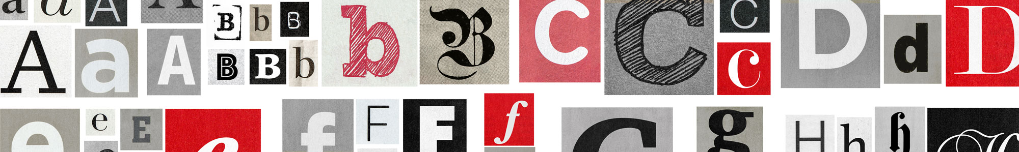 Buchstabenkunst. Das Alphabet wird in verschiedenen Schriften auf verschiedenen Hintergründen künstlerisch dargestellt. Die Farben sind Rot, Grau und Schwarz.